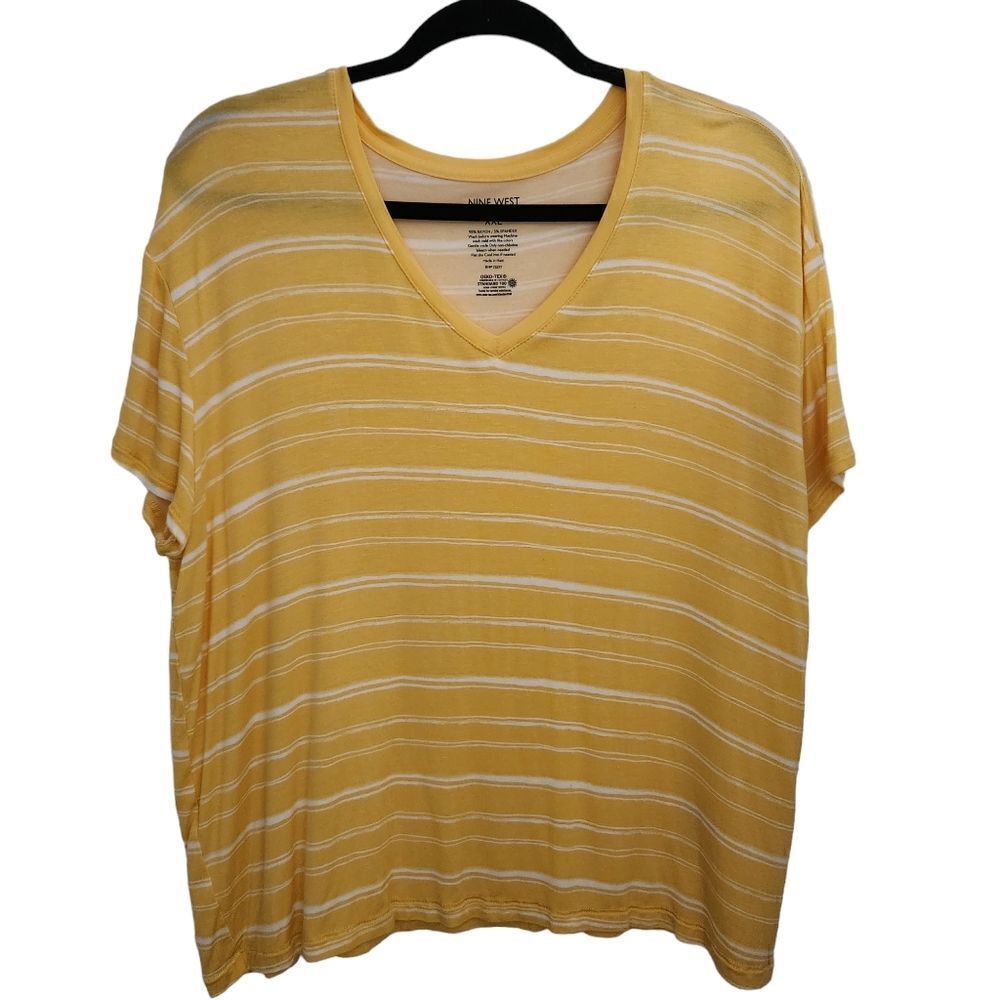 Nine West Soft Spun Womens Short Sleeve Striped Print V-Neck Rayon T-Shirt XXL